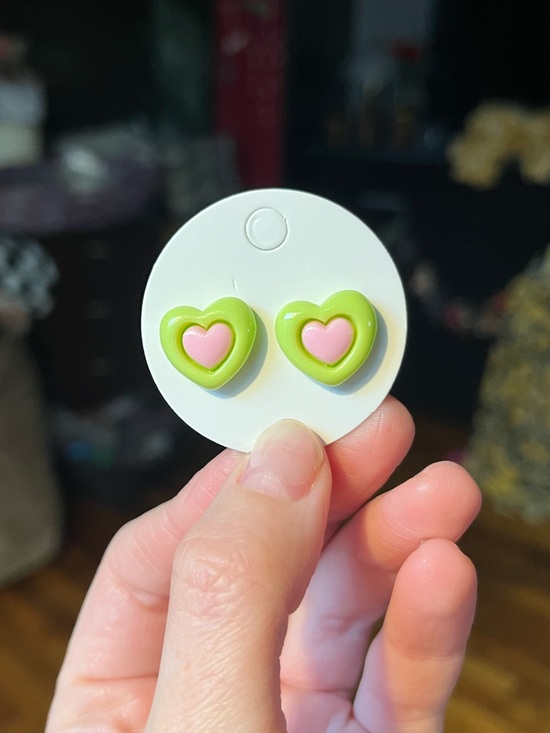 Hand Crafted Jewelry - Hand Crafted Green and Pink Heart Stud Earrings